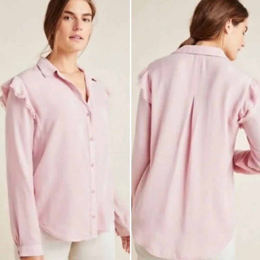Anthropologie Cloth & Stone Pink Frayed Ruffle Shoulder Button Down Shirt Size L